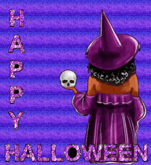 a witch in a purple dress is holding a skull and the words happy halloween are behind her