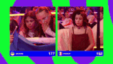 two girls are sitting next to each other on a green and purple background with ukraine and france written on the bottom