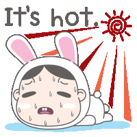 a cartoon of a person in a bunny costume with the words it 's hot behind them