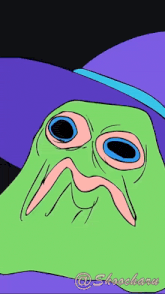 a cartoon drawing of a green monster wearing a purple hat with the name shoochara on the bottom