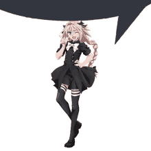 a girl in a black dress and thigh high socks is standing in front of a speech bubble