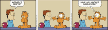 a cartoon strip of garfield talking to a man