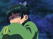 a girl with green hair and a blue bow in her hair is making a funny face