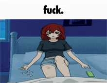 a cartoon of a girl sitting on a bed with the words " fuck " above her