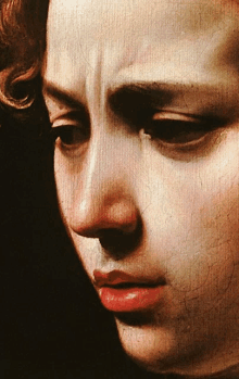 a close up of a painting of a woman 's face with red lips