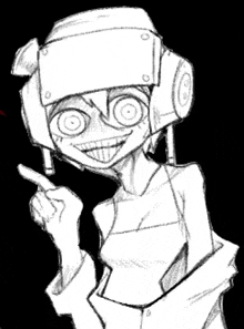 a black and white drawing of a cartoon character with a helmet on her head .