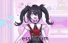 a pixel art drawing of a girl with the words " esse mam " written below her