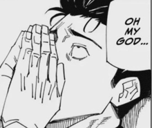 a black and white drawing of a man with his hands on his face and the words `` oh my god `` .