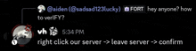 a screenshot of a conversation between aiden and fort asking how to verify