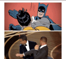 a cartoon of batman hitting robin and a picture of a man in a suit