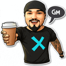 a cartoon of a man holding a cup with a gm speech bubble above him