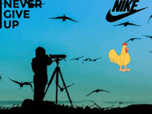 a man looking through a telescope with a rooster in the foreground and a nike logo in the background