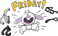 a cartoon of a bunny jumping in the air with the word friday behind him