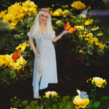 a woman in a white dress is holding a butterfly in her hand surrounded by yellow flowers