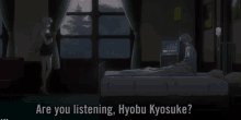 a girl standing next to a man in a hospital bed with the words are you listening hyobu kyosuke