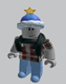 a pixelated image of a roblox character wearing a blue hat and scarf