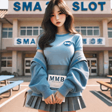 a girl standing in front of a sma slot