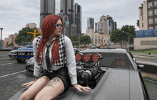 a woman is sitting on the hood of a car with a sign that says ' no parking ' on it