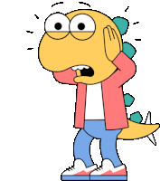 a cartoon drawing of a dinosaur covering his ears