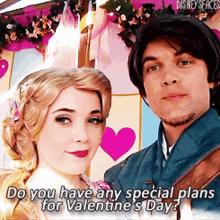 a man and a woman are posing for a picture with the caption " do you have any special plans for valentine 's day ? "