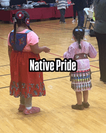 two little girls are standing on a basketball court and the words native pride are above them