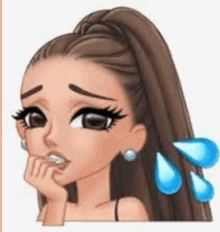 a cartoon of ariana grande with tears coming out of her eyes and a hand on her chin .