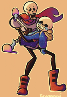 a drawing of a skeleton carrying another skeleton with the name kharooooof on the bottom right