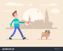 a man is walking a dog on a leash in a city