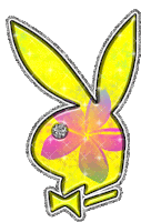 a yellow playboy bunny with a pink flower on it