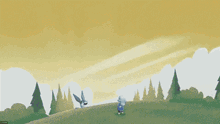 a cartoon drawing of a person standing on a hill with a bird flying in the background