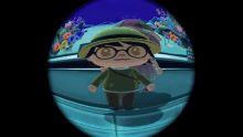 a cartoon character wearing glasses and a green hat stands in front of a fish tank