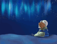 a drawing of two children looking at the northern lights