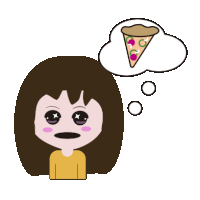 a cartoon girl with a thought bubble of a pizza above her head