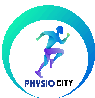 a logo for physio city with a running man