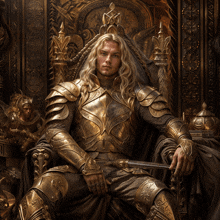 a man in armor sits on a throne with a sword