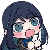 a cartoon girl with long black hair and blue eyes is holding a piece of paper and making a funny face .