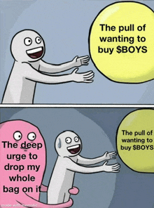 a cartoon of a man reaching for a yellow balloon that says " the pull of wanting to buy $ boys "