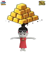 a cartoon girl wearing a zhot music shirt stands next to a pile of gold bars