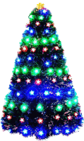 a christmas tree with blue and red stars and lights