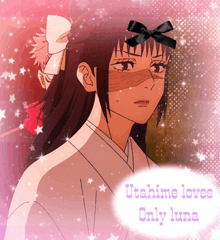 a picture of a girl with a black bow on her head and the words utahime lovers only luna