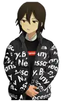 a girl is wearing a black jacket with supreme written on it