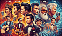 a collage of elvis presley 's portraits with the years 1935 1970s and 2024