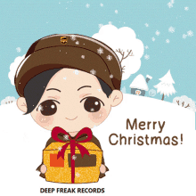 a cartoon character holding a gift with the words merry christmas below