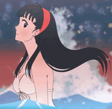 a drawing of a girl in a white bikini with long black hair