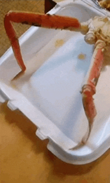 a close up of a crab leg in a styrofoam container