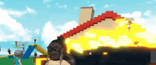 a girl in a video game is standing in front of a building on fire