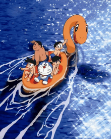 a group of cartoon characters including doraemon are riding on a boat in the ocean