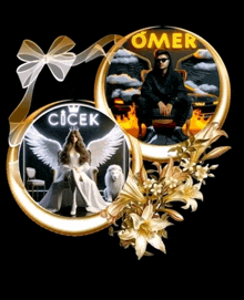 a picture of a man sitting in a chair and a picture of a woman with angel wings and the name omer