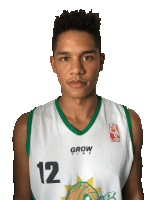 a basketball player wearing a white and green jersey with the number 12 on it