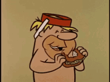 a cartoon character eating a hamburger with a red hat on his head